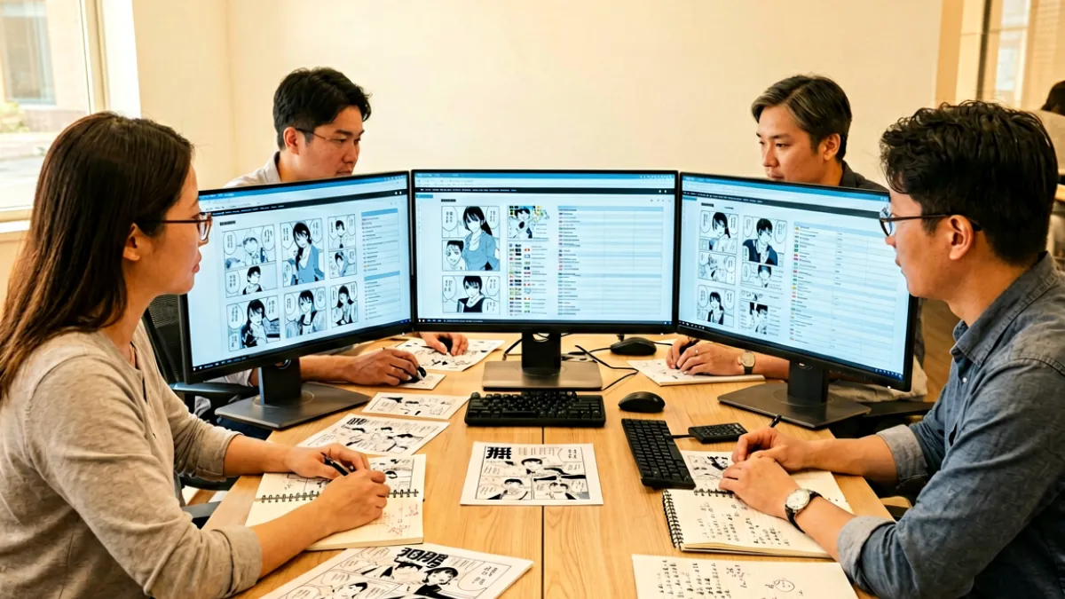 编辑团队坐在明亮的办公室内，围绕着多台显示器讨论当日更新计划，桌面上放着几本纸质漫画和手写选题笔记，氛围专注而有序