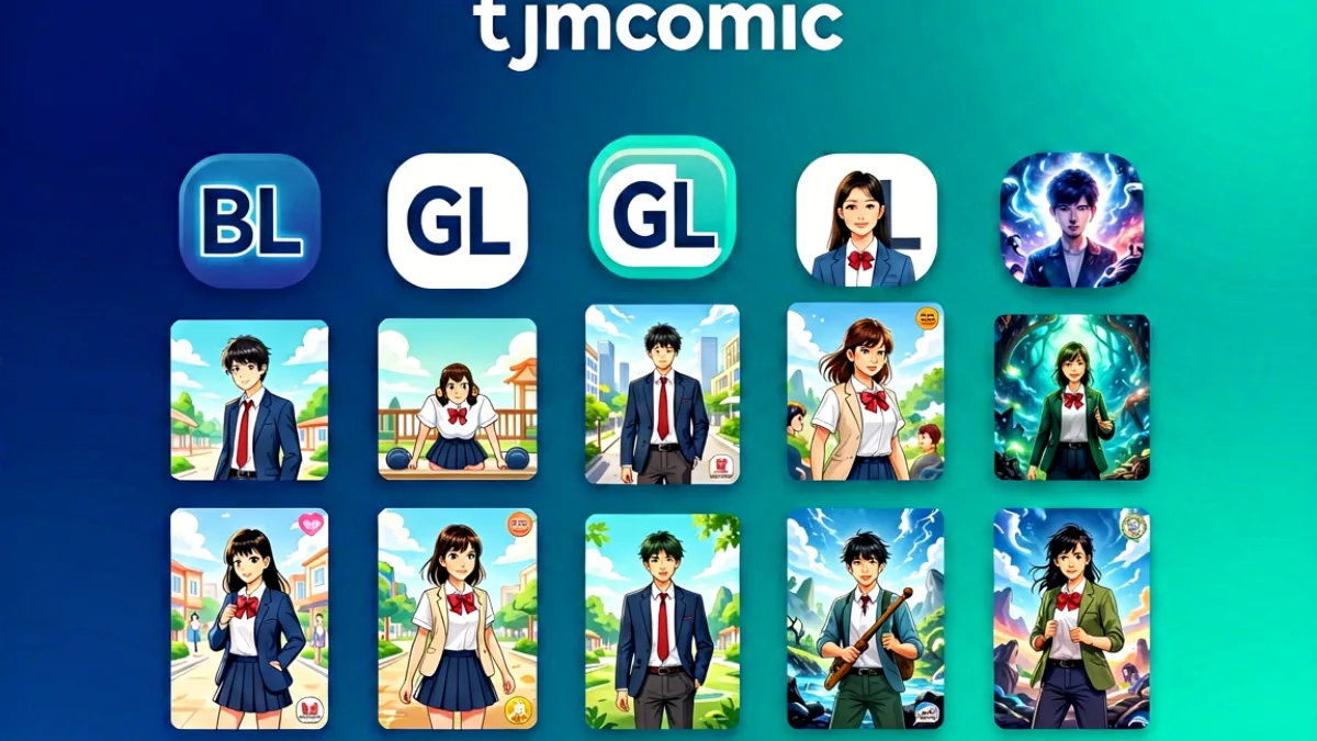 禁漫天堂jmcomic题材分类页面展示图，深海蓝与青绿色渐变背景上叠加多个漫画类型图标与封面缩略图
