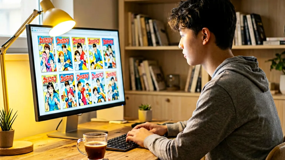 一位读者坐在书桌前对着电脑屏幕浏览漫画页面，屏幕上显示多个彩色漫画缩略图，旁边放着一杯咖啡，整个房间灯光柔和温暖