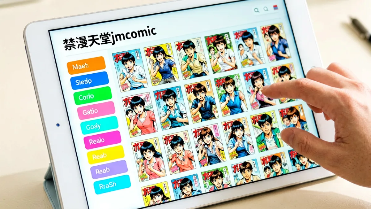 一张平板设备的特写，屏幕上展示着禁漫天堂jmcomic的题材分类界面，左侧排列着多个彩色分类标签，右侧是网格状的漫画封面缩略图矩阵