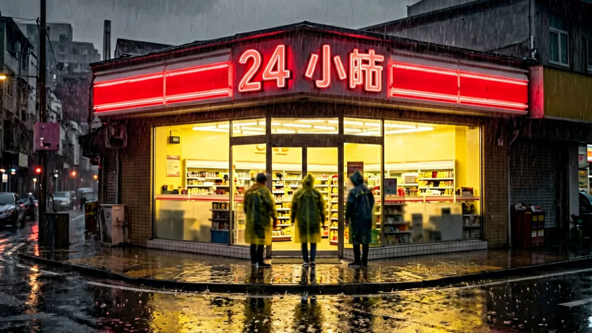 雨夜街角的24小时便利店外景，霓虹灯牌在积水中倒映出红色光晕，店内透出温暖黄光与门外灰暗雨幕形成强烈对比